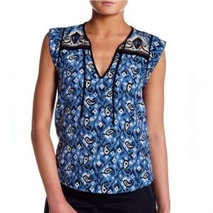 Veronica Beard Blue Rincon Silk Blouse Tie Front Boho Size 4